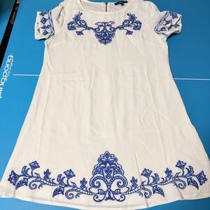 Lulus White & Blue Embroidered Shift Dress | Brunch Shower | M